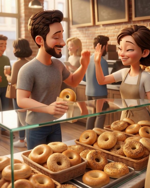 Animated man high-fiving the cashier at a bagel shop