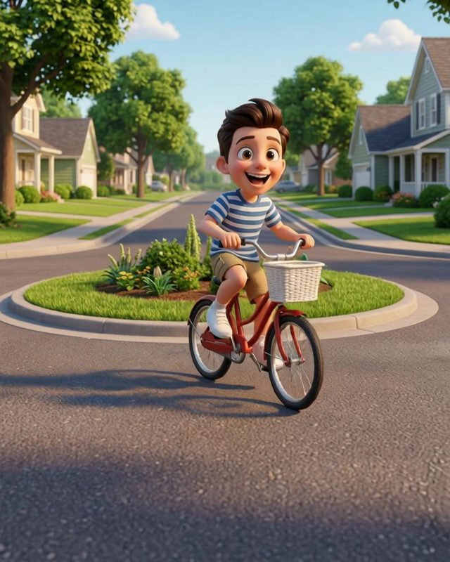 Animated boy riding a bike around a roundabout